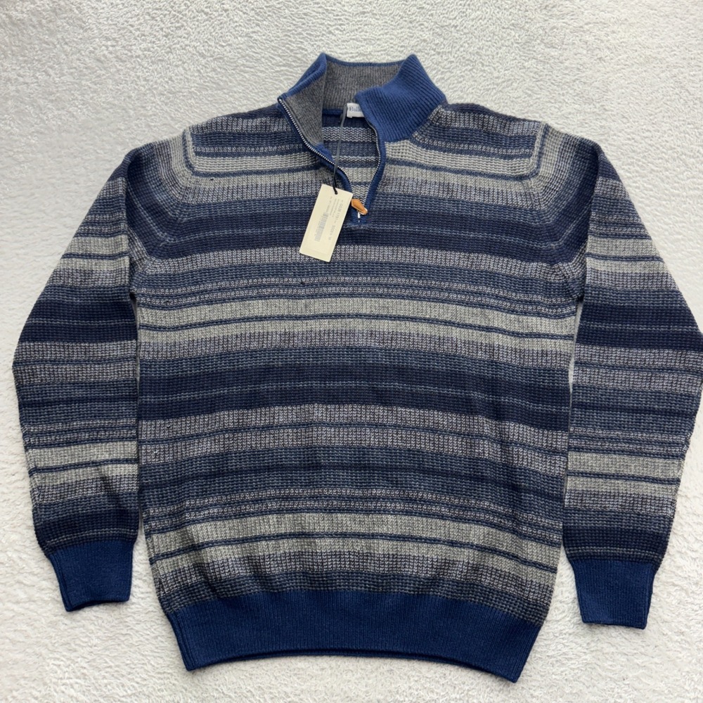 Bullock & Jones‎ Mens Blue Striped 100% Extrafine Virgin Wool Quarter Sweater M